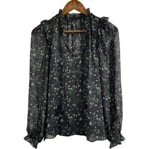 CAMI NYC Black Floral Blouse With Tank 100% Silk Ruffle XS Semi Sheer Designer